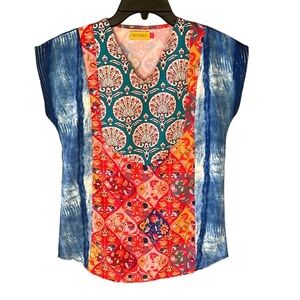 Benares Size S V Neck Cap Sleeve Boho Mixed Print Blouse Top.